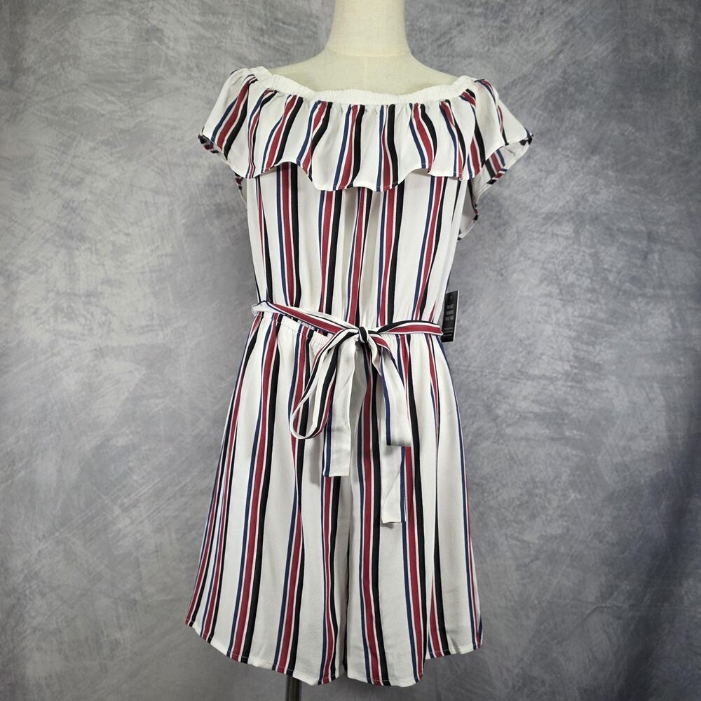 Express Romper Women Large White Stripe Off Shoulder Ruffle Belted Casual Jumper